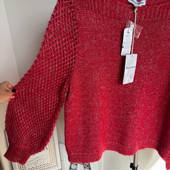 NWT Tommy Bahama Shimmer Balloon Sleeve Bateau Sweater Tango Red Metallic Wool - Picture 10 of 10